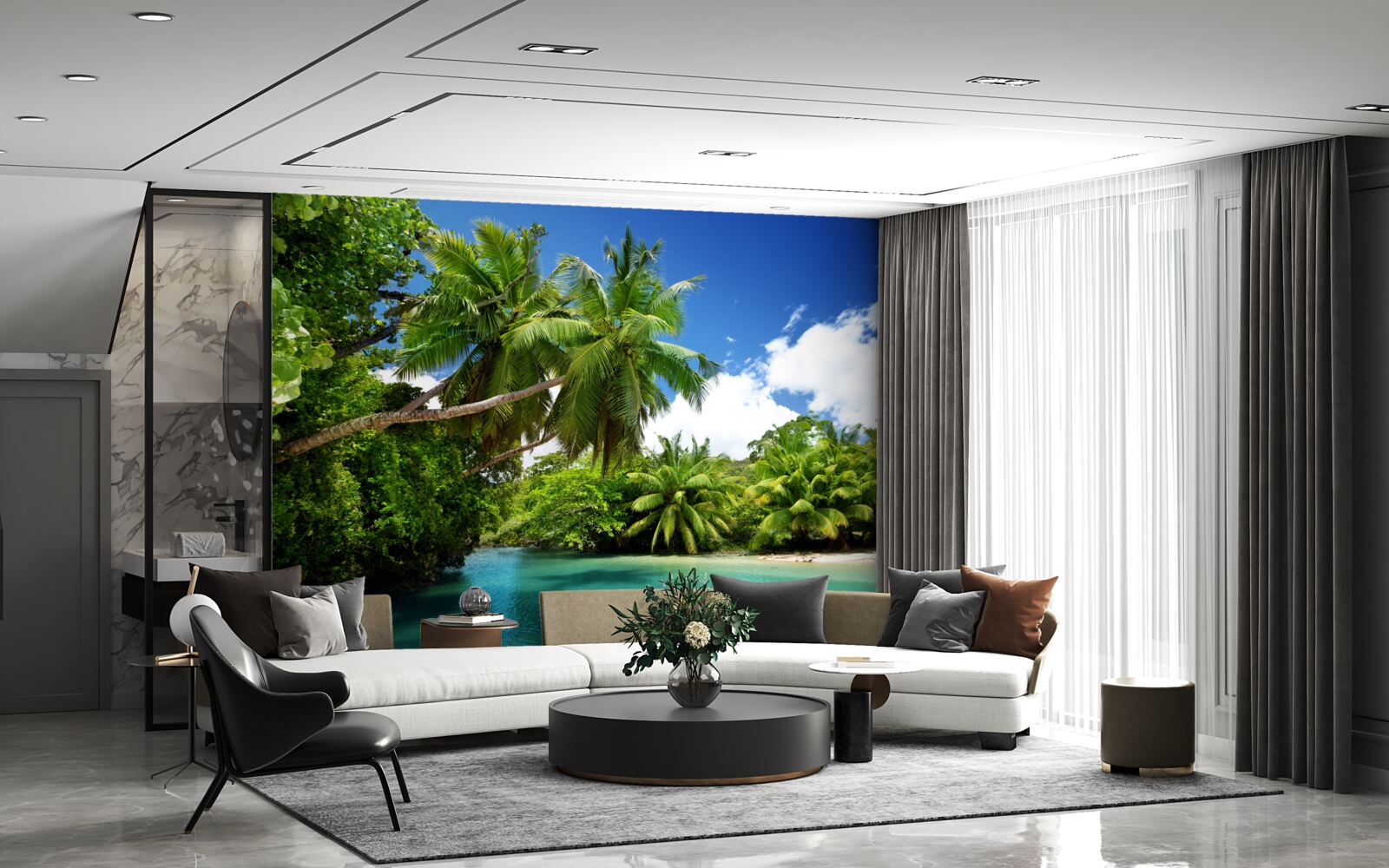 Papier peint palmiers tropicaux et eau turquoise