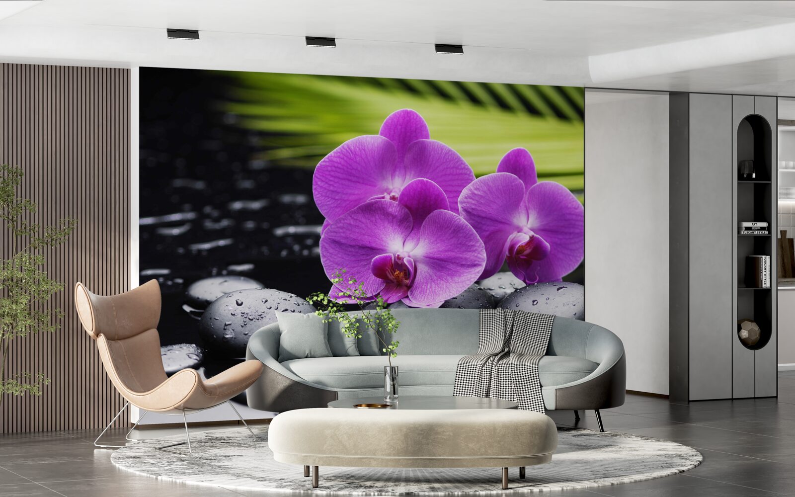 Papier peint orchidée pourpre sur une pierre noire près de l'eau