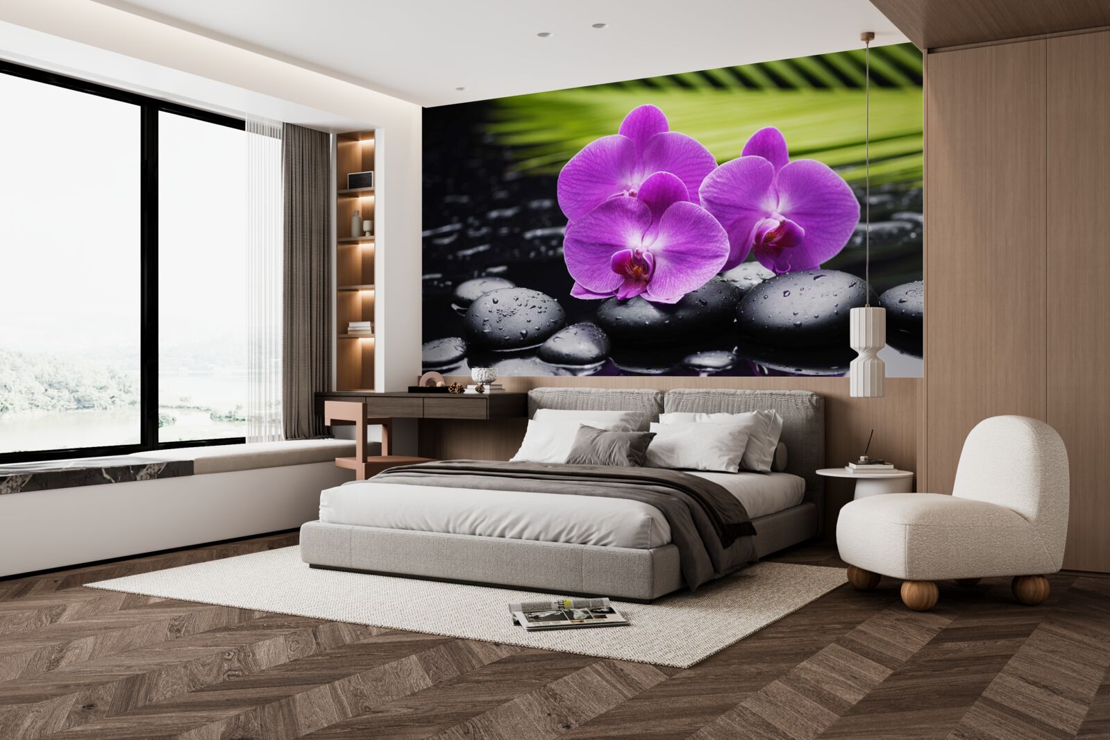 Papier peint orchidée pourpre sur une pierre noire près de l'eau