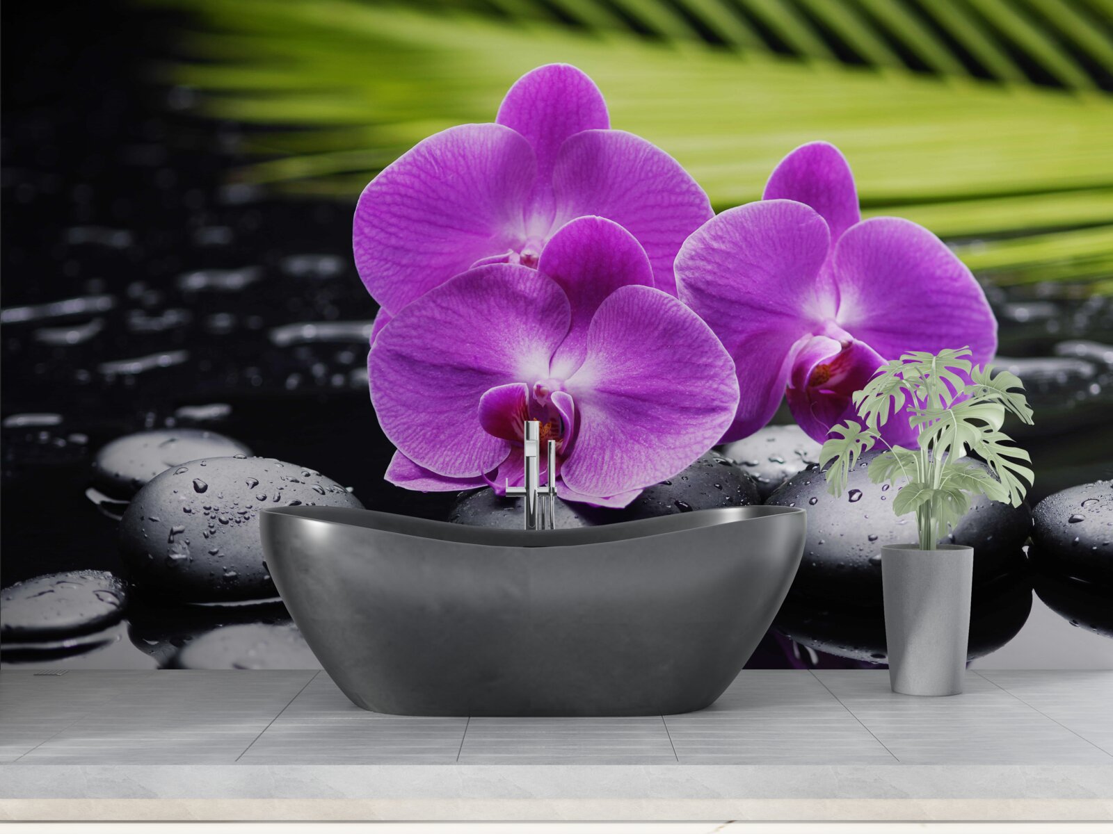 Papier peint orchidée pourpre sur une pierre noire près de l'eau