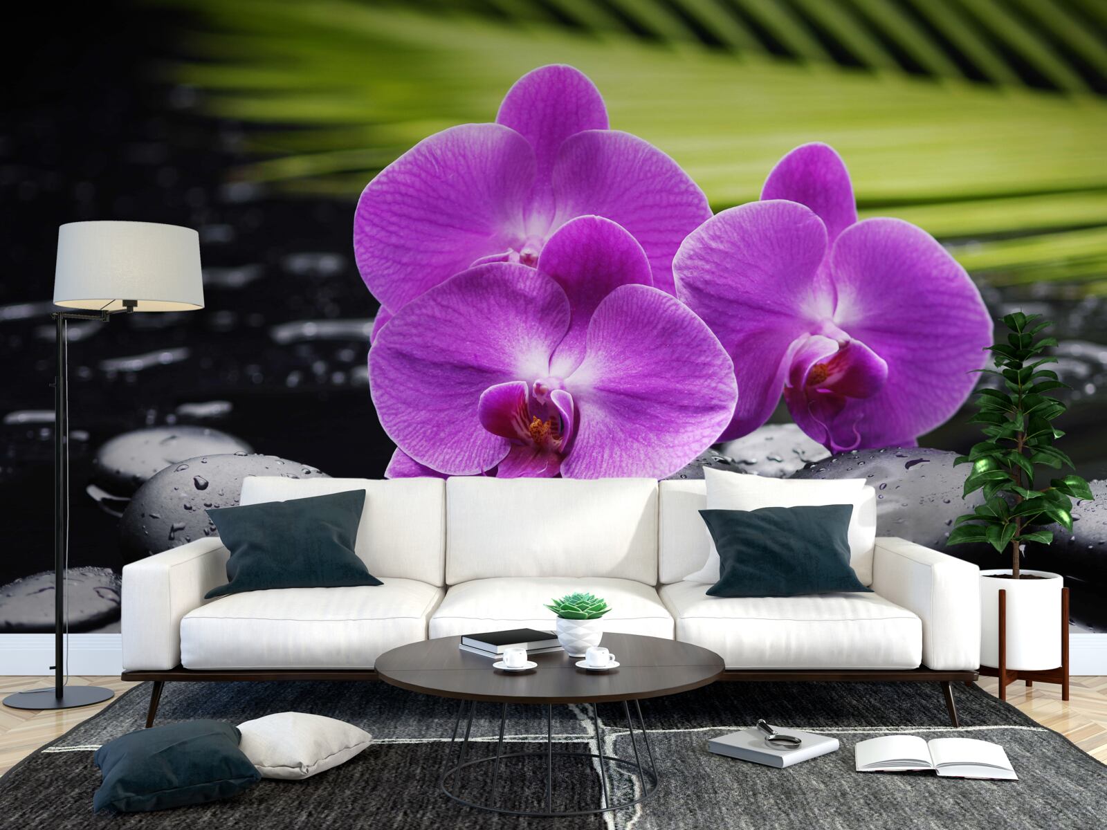 Papier peint orchidée pourpre sur une pierre noire près de l'eau