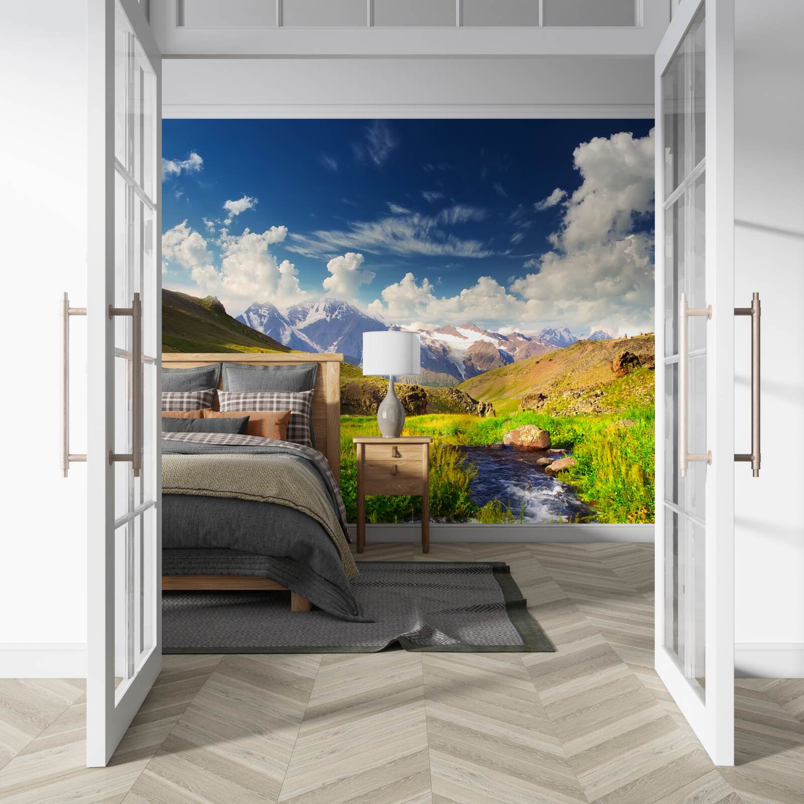 Papier peint une rivière de montagne qui coule à travers les prairies