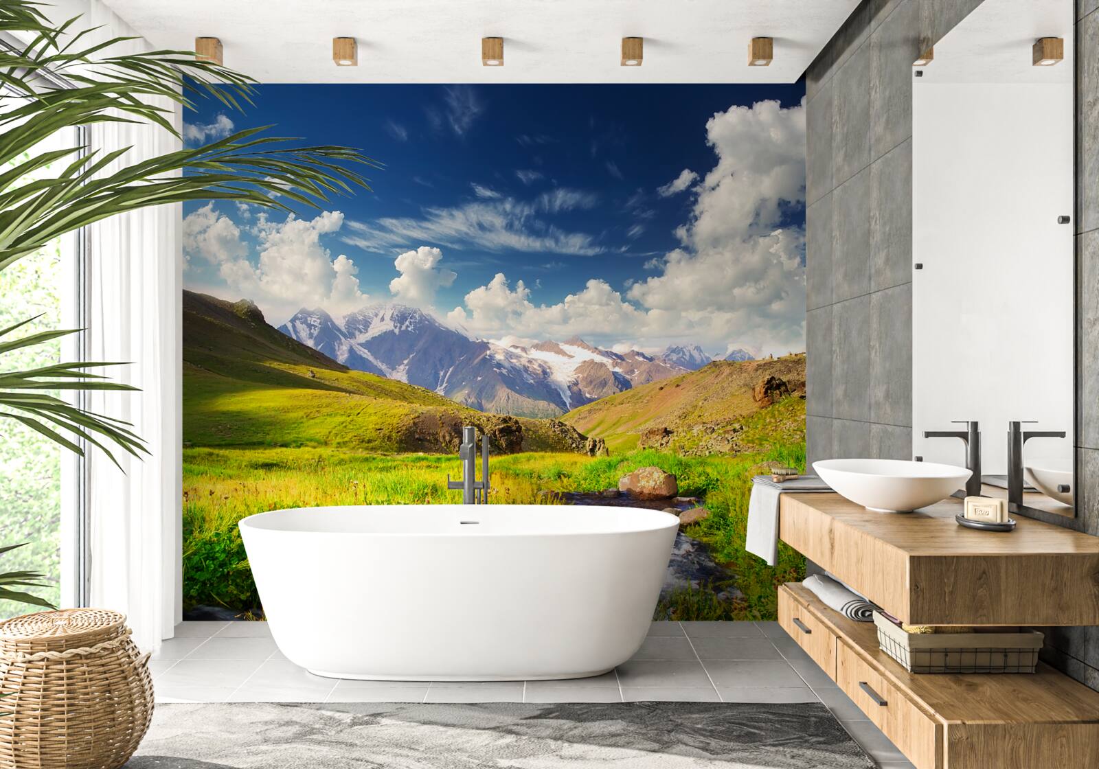 Papier peint une rivière de montagne qui coule à travers les prairies