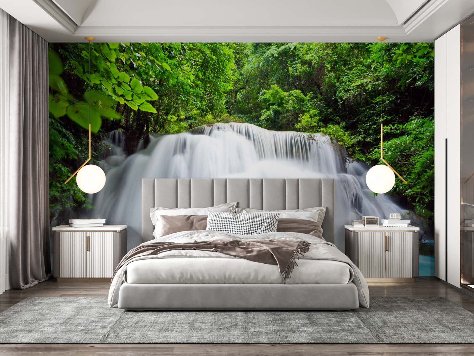 Papier peint cascade tombant rapidement au milieu de la forêt