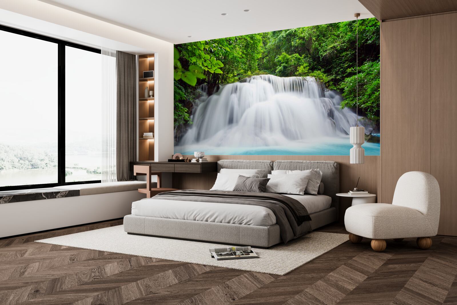 Papier peint cascade tombant rapidement au milieu de la forêt