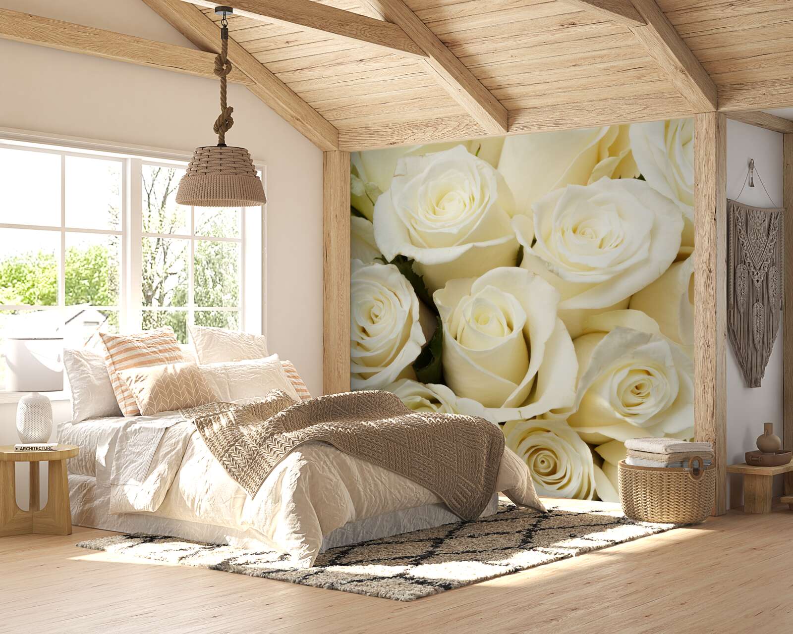 Papier peint boutons de roses blancs délicats et raffinés