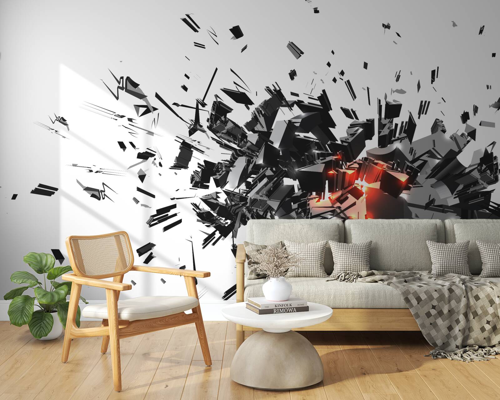 Papier peint une explosion de peinture noire dans une forme abstraite