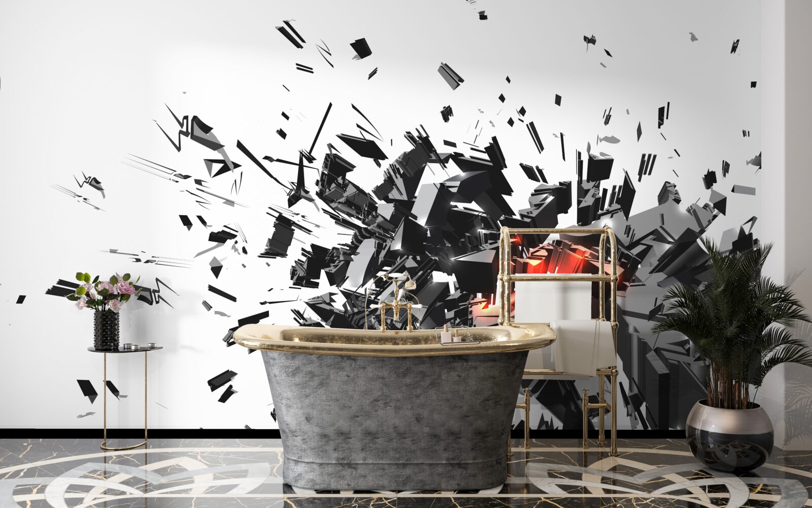 Papier peint une explosion de peinture noire dans une forme abstraite