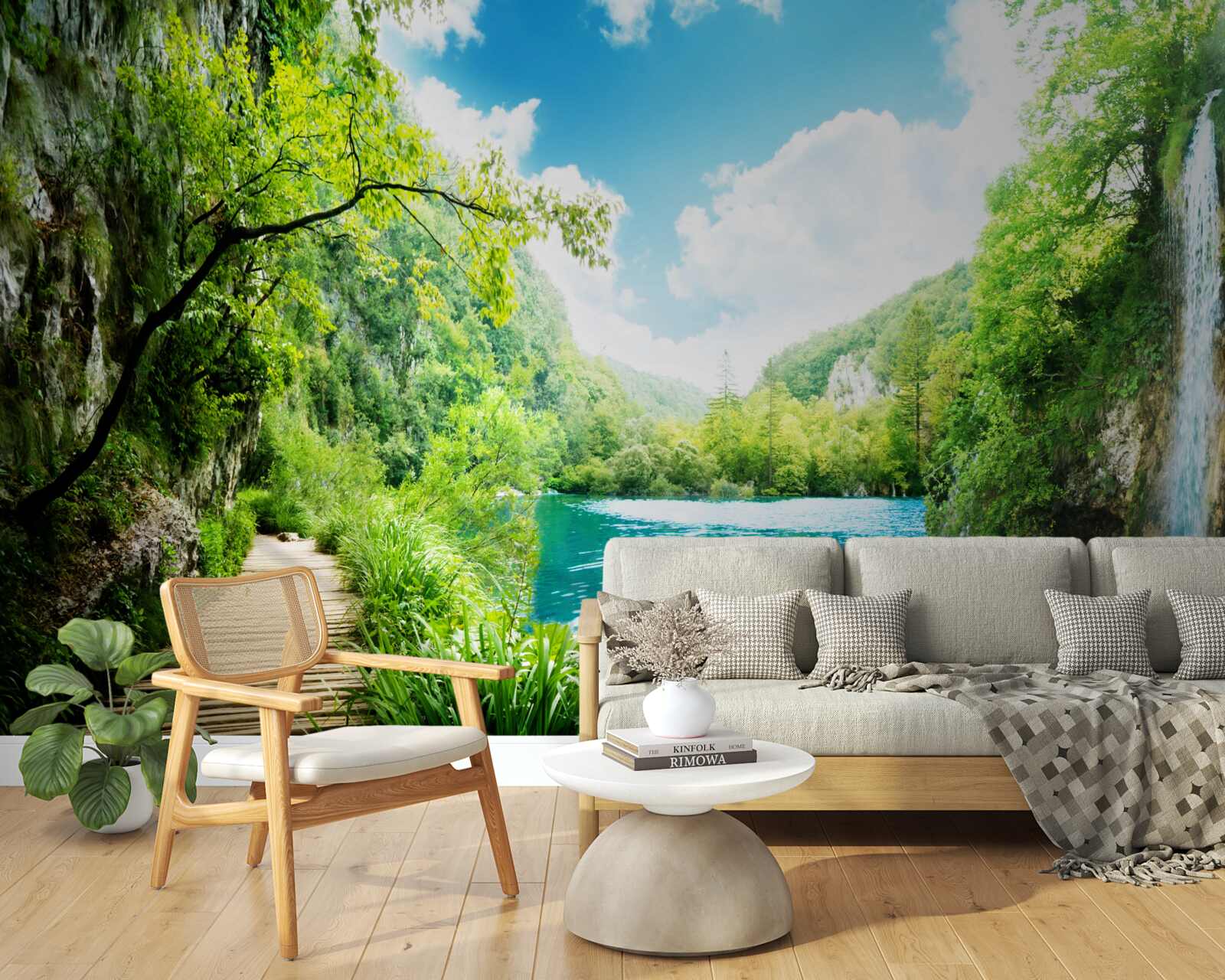 Papier peint haute cascade et sentier à travers les arbres de la forêt