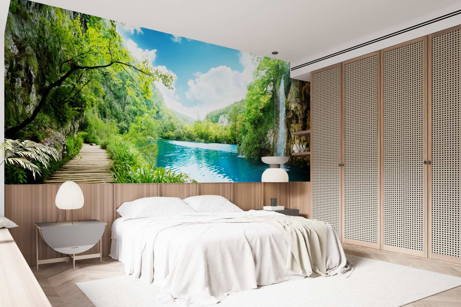 Papier peint haute cascade et sentier à travers les arbres de la forêt