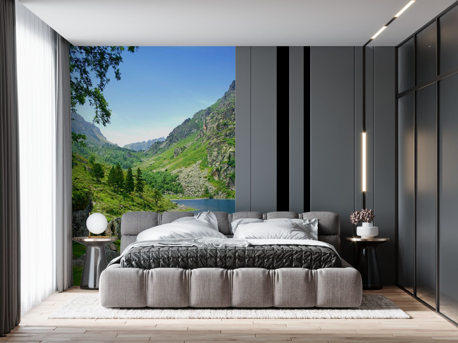 Papier peint un lac entouré de montagnes et de verdure