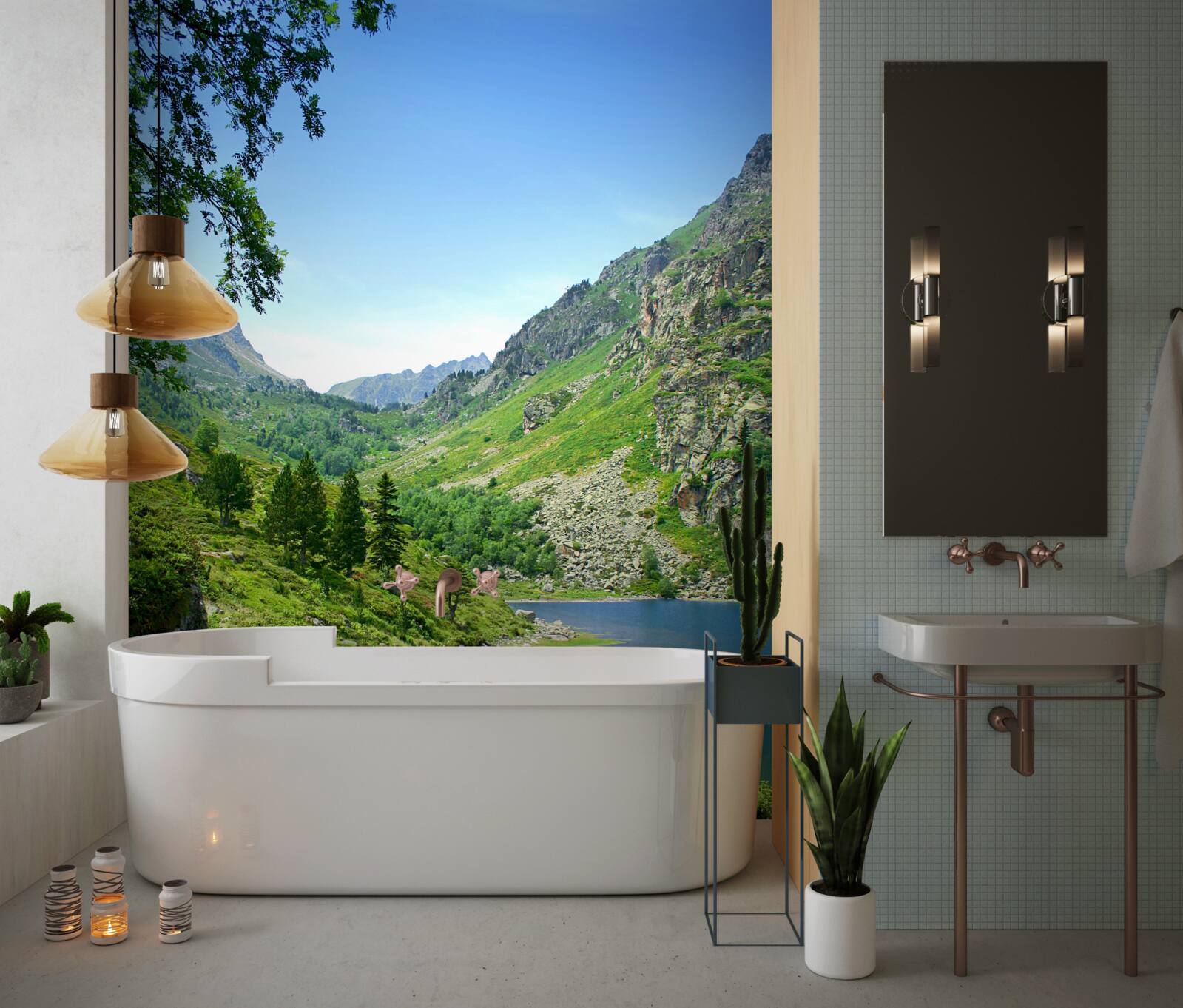 Papier peint un lac entouré de montagnes et de verdure