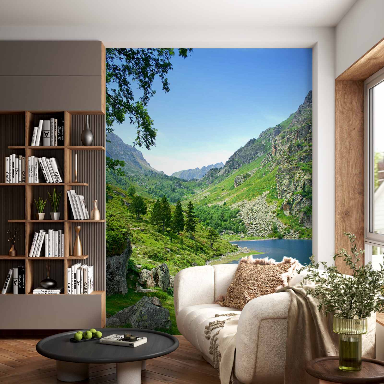 Papier peint un lac entouré de montagnes et de verdure