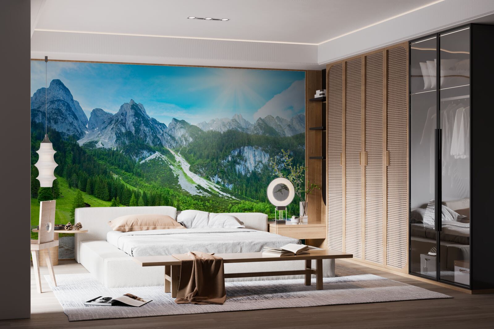 Papier peint sommets enneigés et forêts verdoyantes