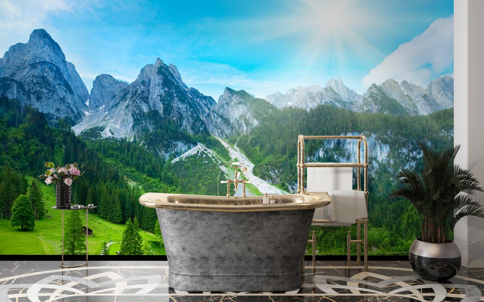 Papier peint sommets enneigés et forêts verdoyantes