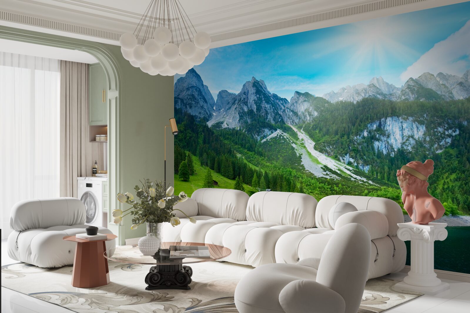 Papier peint sommets enneigés et forêts verdoyantes