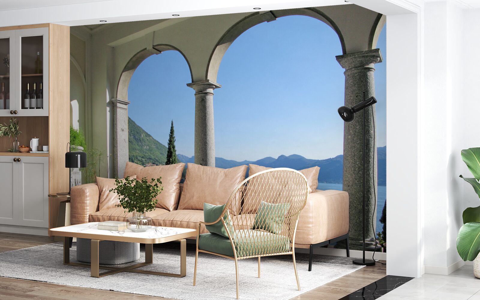 Papier peint balcon avec ouvertures cintrées et vue sur l'eau et les montagnes