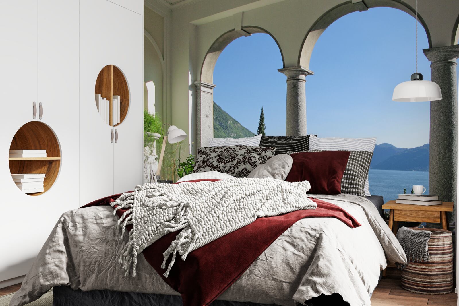 Papier peint balcon avec ouvertures cintrées et vue sur l'eau et les montagnes