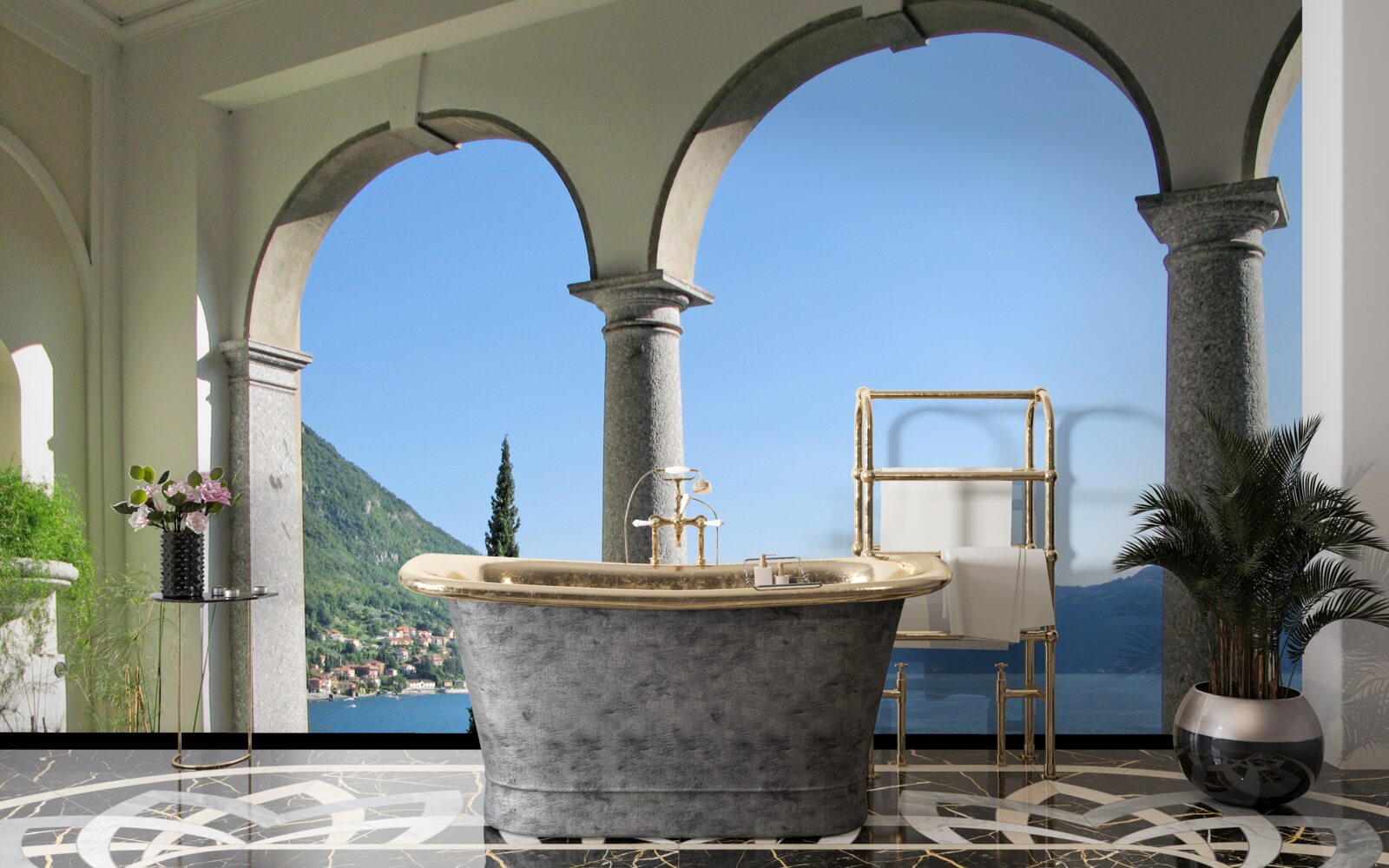 Papier peint balcon avec ouvertures cintrées et vue sur l'eau et les montagnes