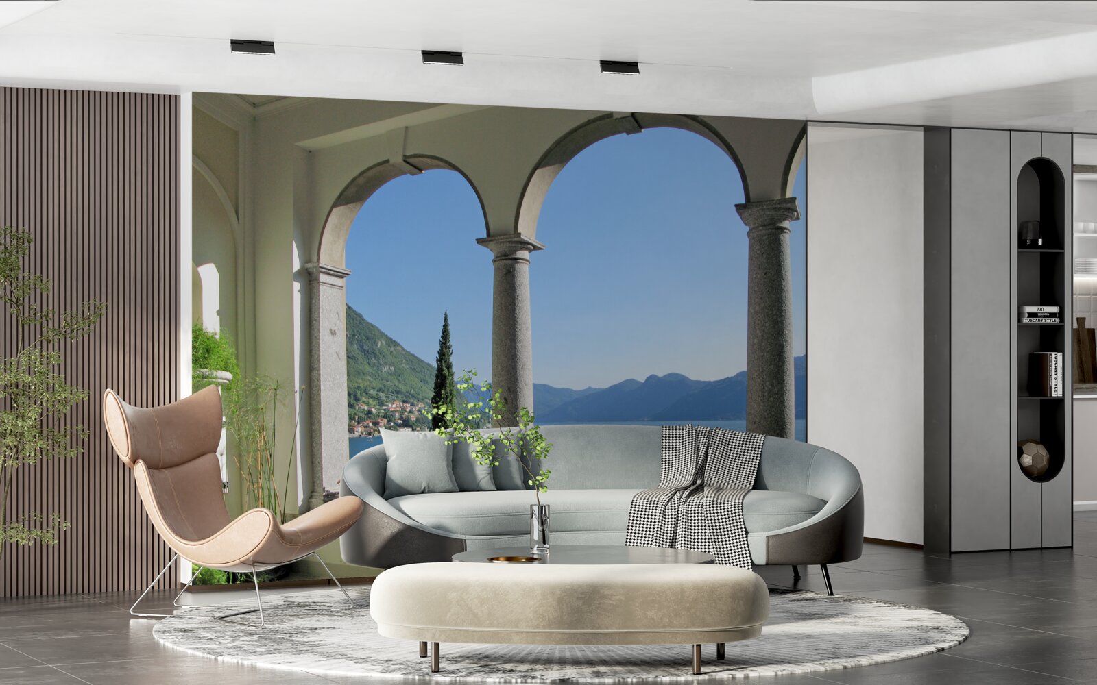 Papier peint balcon avec ouvertures cintrées et vue sur l'eau et les montagnes