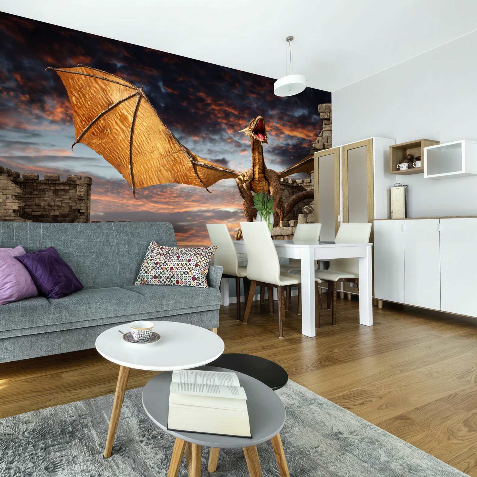 Papier peint dragon dans une forteresse de pierre