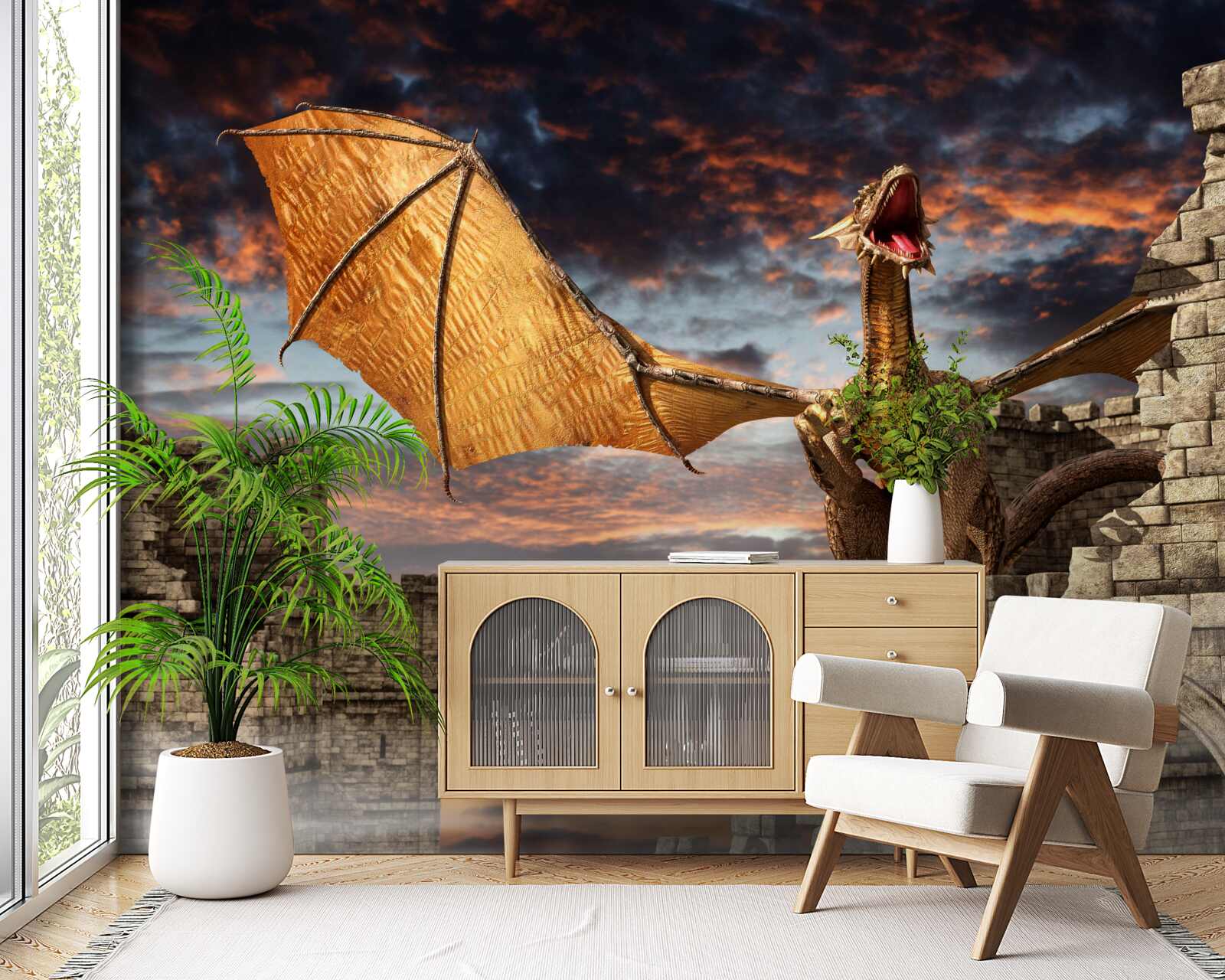 Papier peint dragon dans une forteresse de pierre