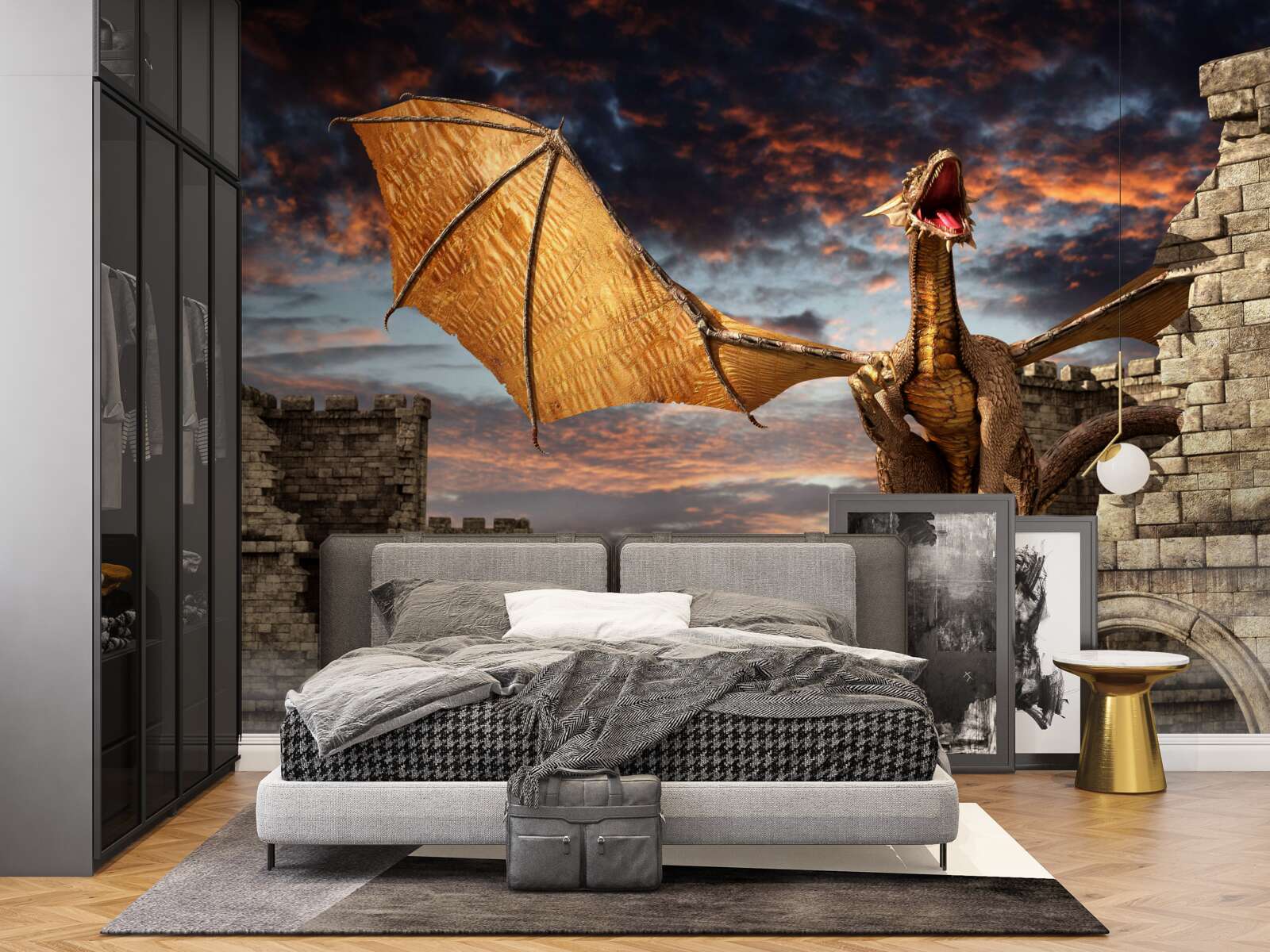 Papier peint dragon dans une forteresse de pierre