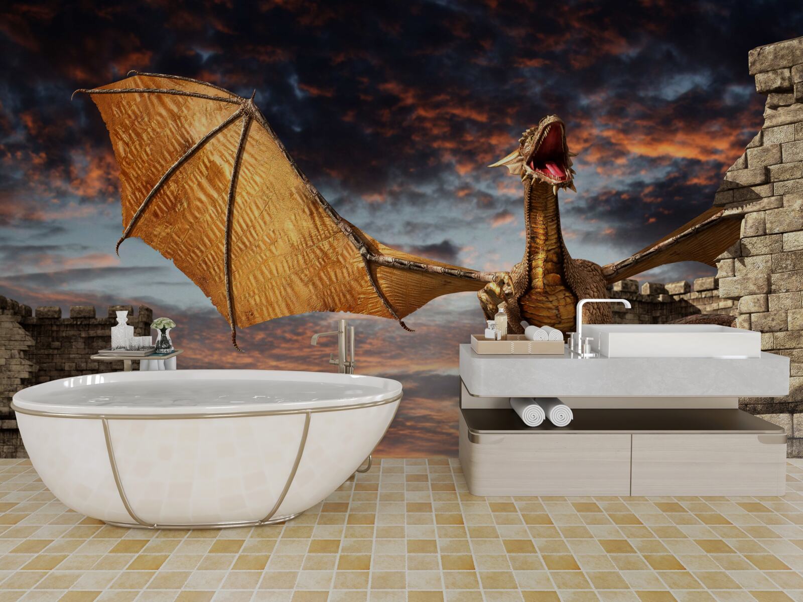 Papier peint dragon dans une forteresse de pierre