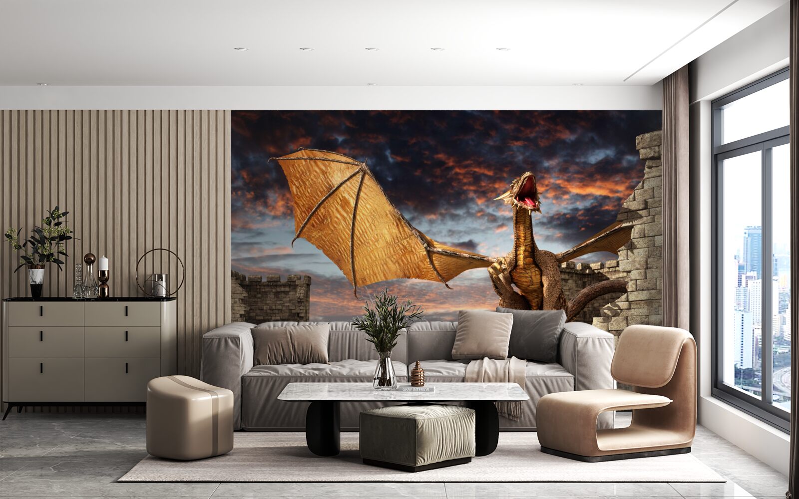 Papier peint dragon dans une forteresse de pierre