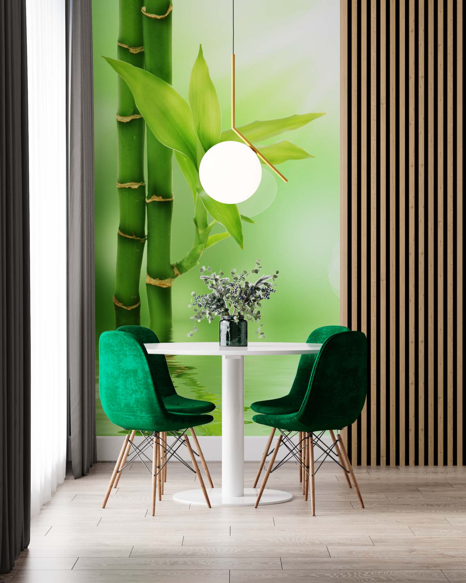 Papier peint une branche de bambou avec des fleurs à la surface de l'eau