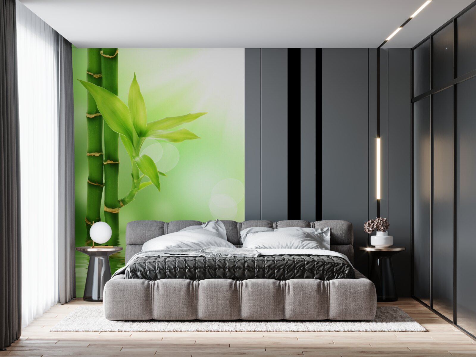 Papier peint une branche de bambou avec des fleurs à la surface de l'eau