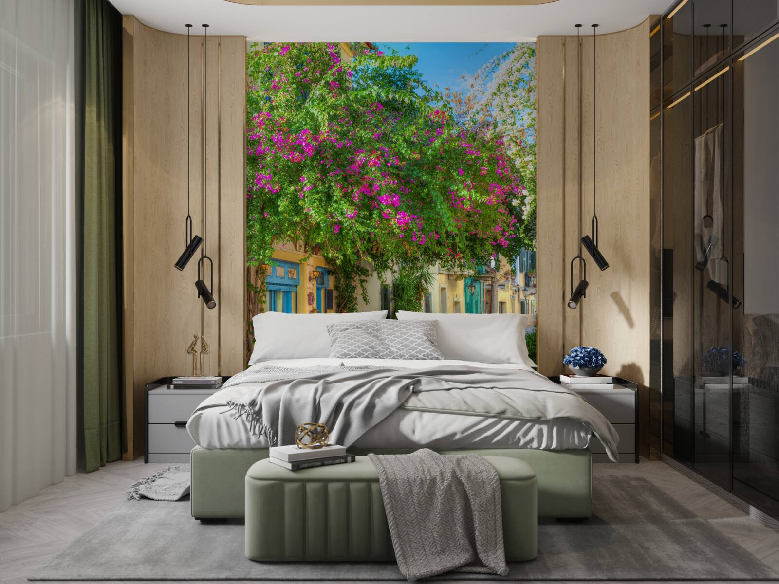 Papier peint verdure dense au-dessus des maisons