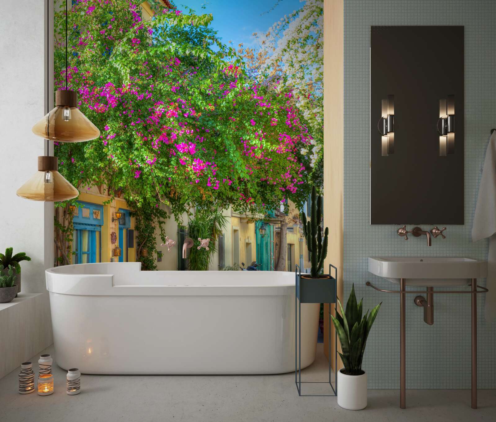 Papier peint verdure dense au-dessus des maisons