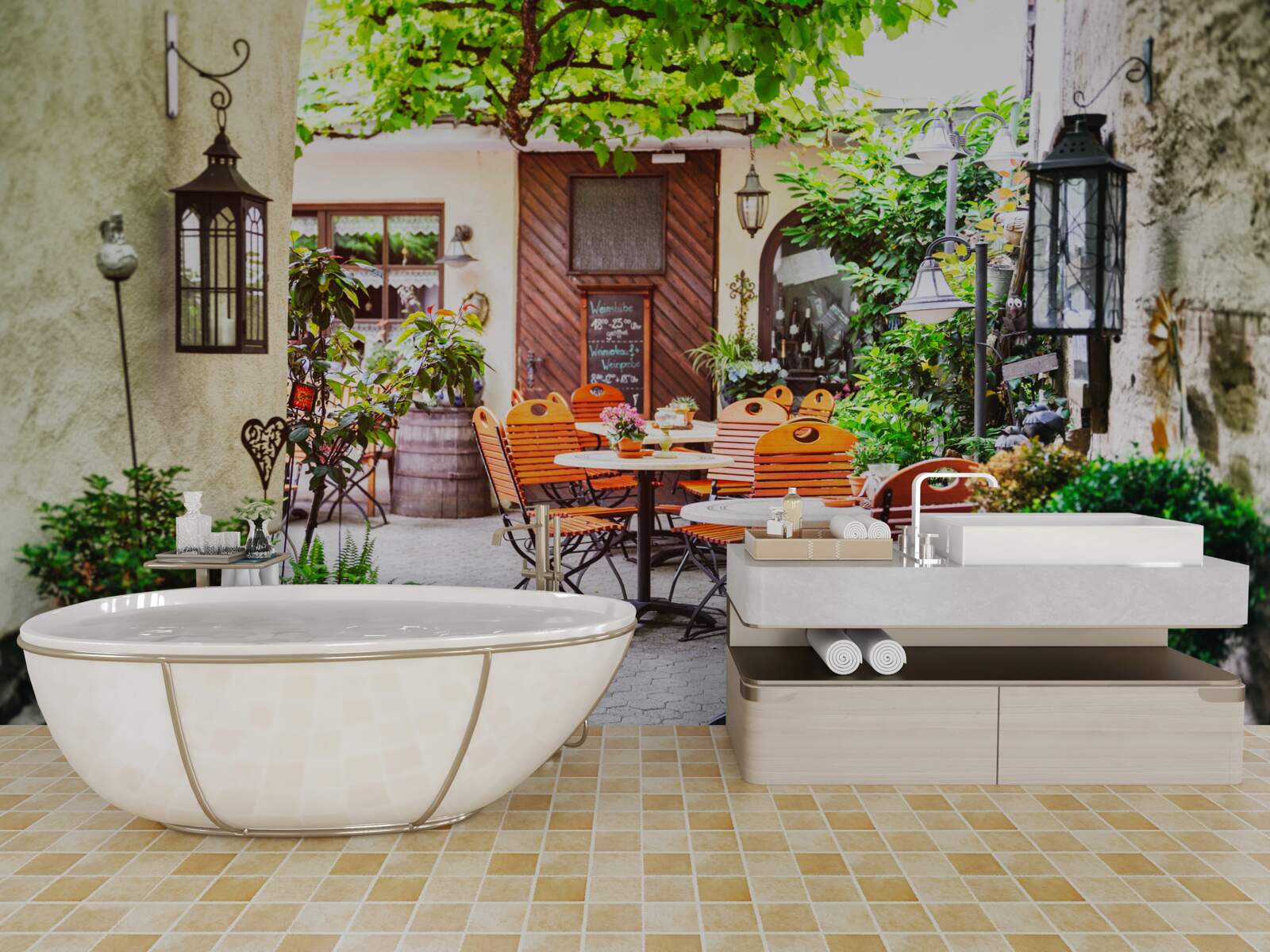 Papier peint petit café avec une table dans la partie historique de la ville