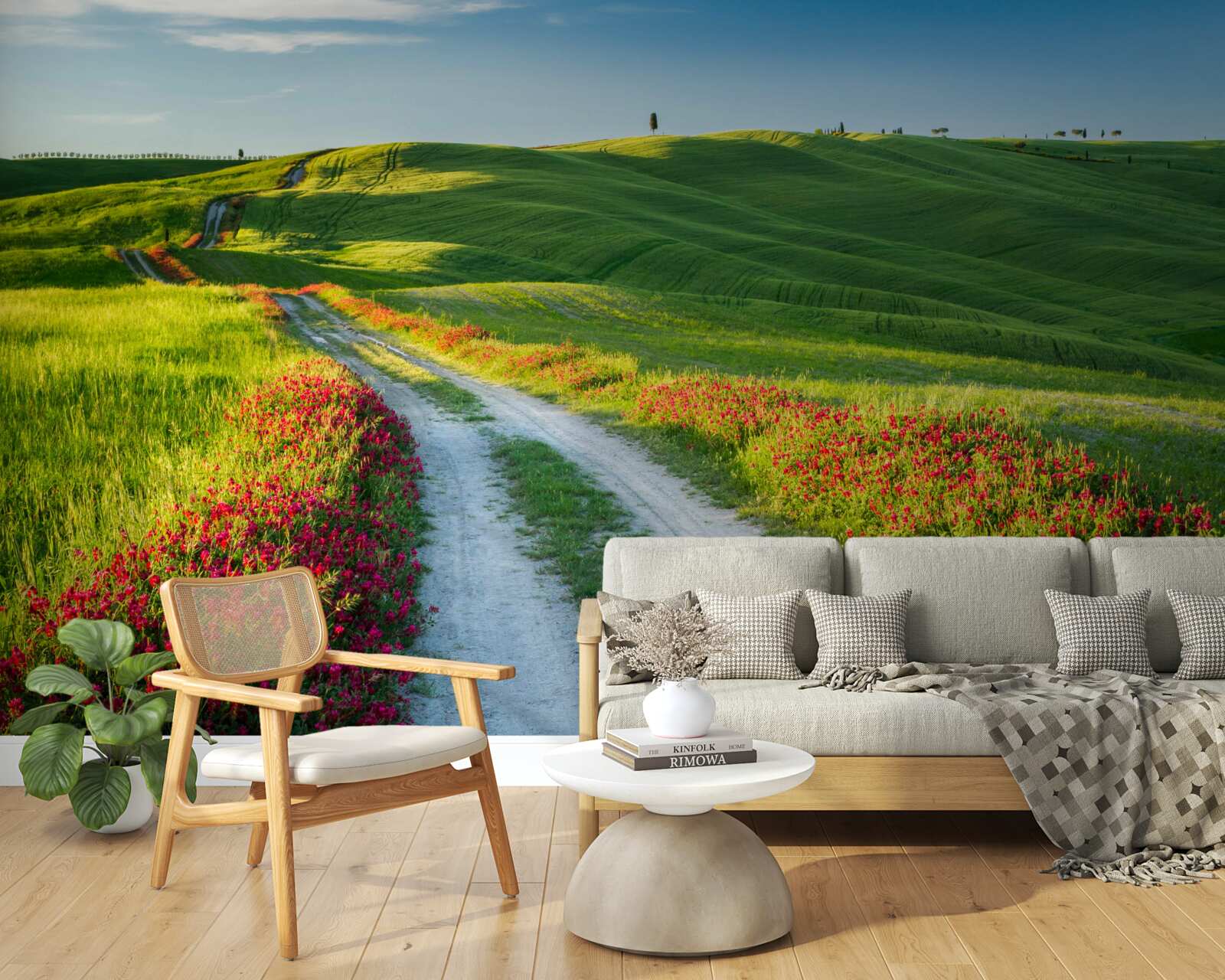 Papier peint route en montagne entourée de champs verdoyants