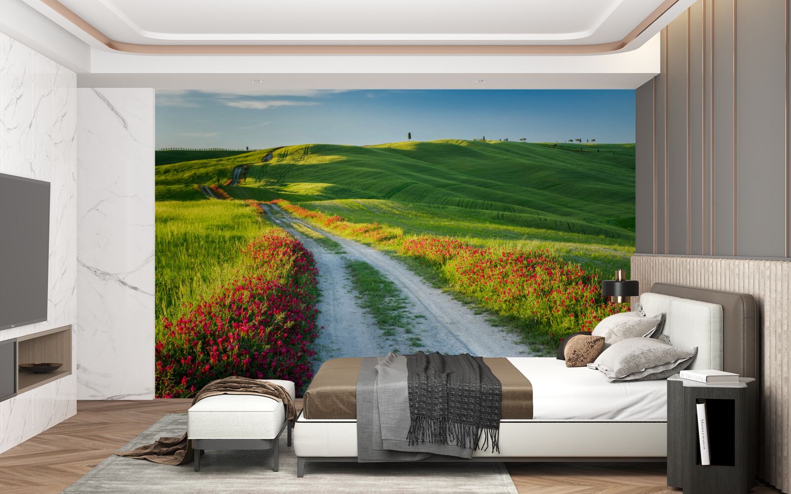 Papier peint route en montagne entourée de champs verdoyants