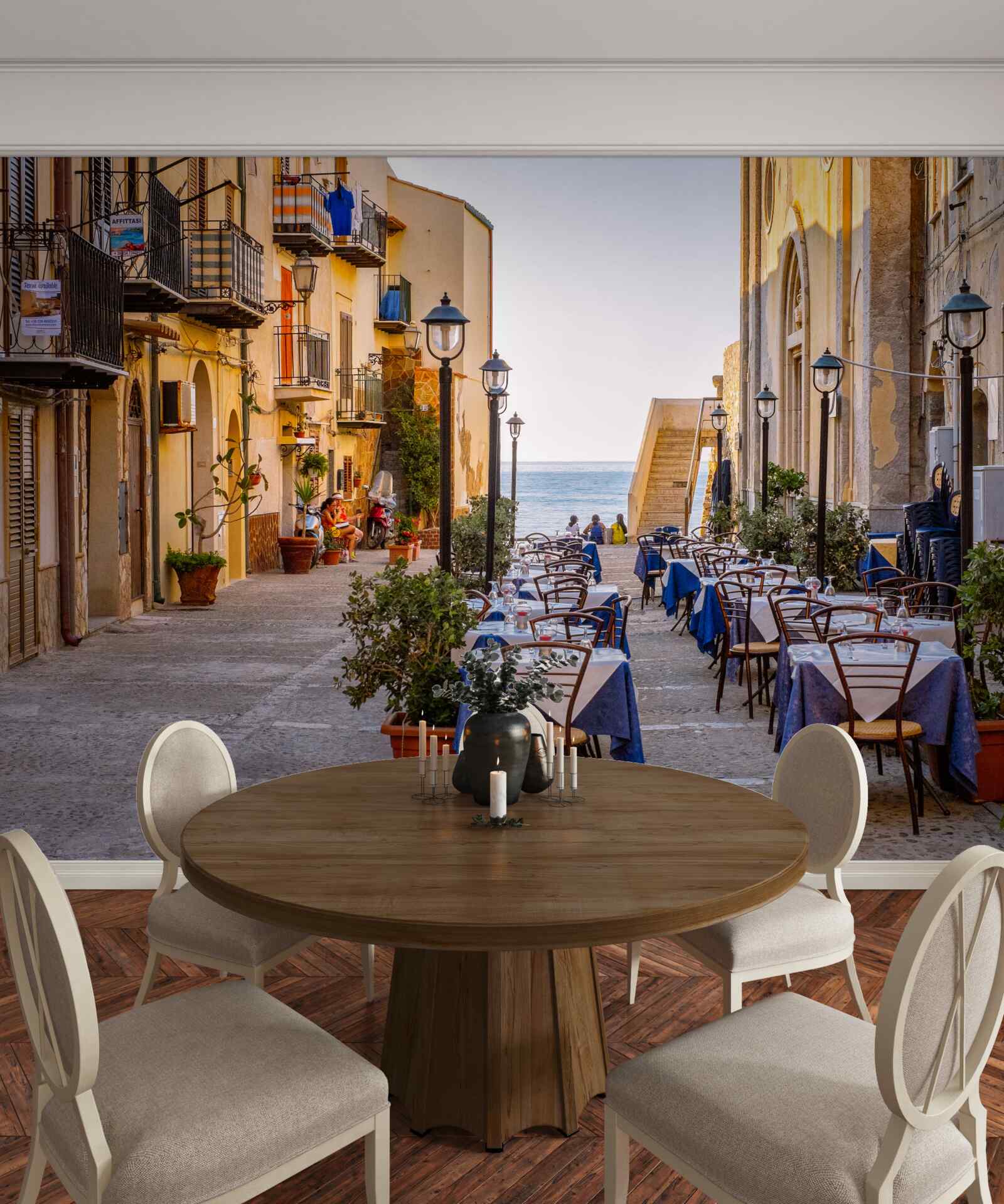 Papier peint installation sur la rive dans la partie historique de la ville