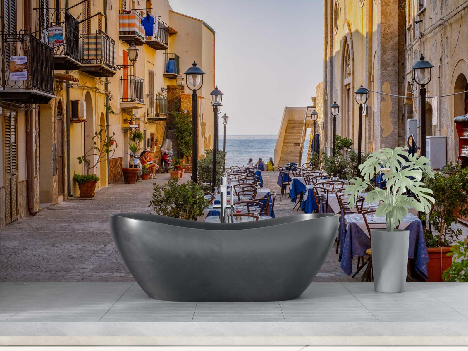 Papier peint installation sur la rive dans la partie historique de la ville