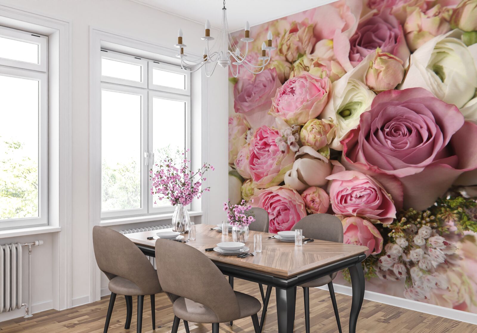 Papier peint composition de roses et de tulipes dans une forme inhabituelle