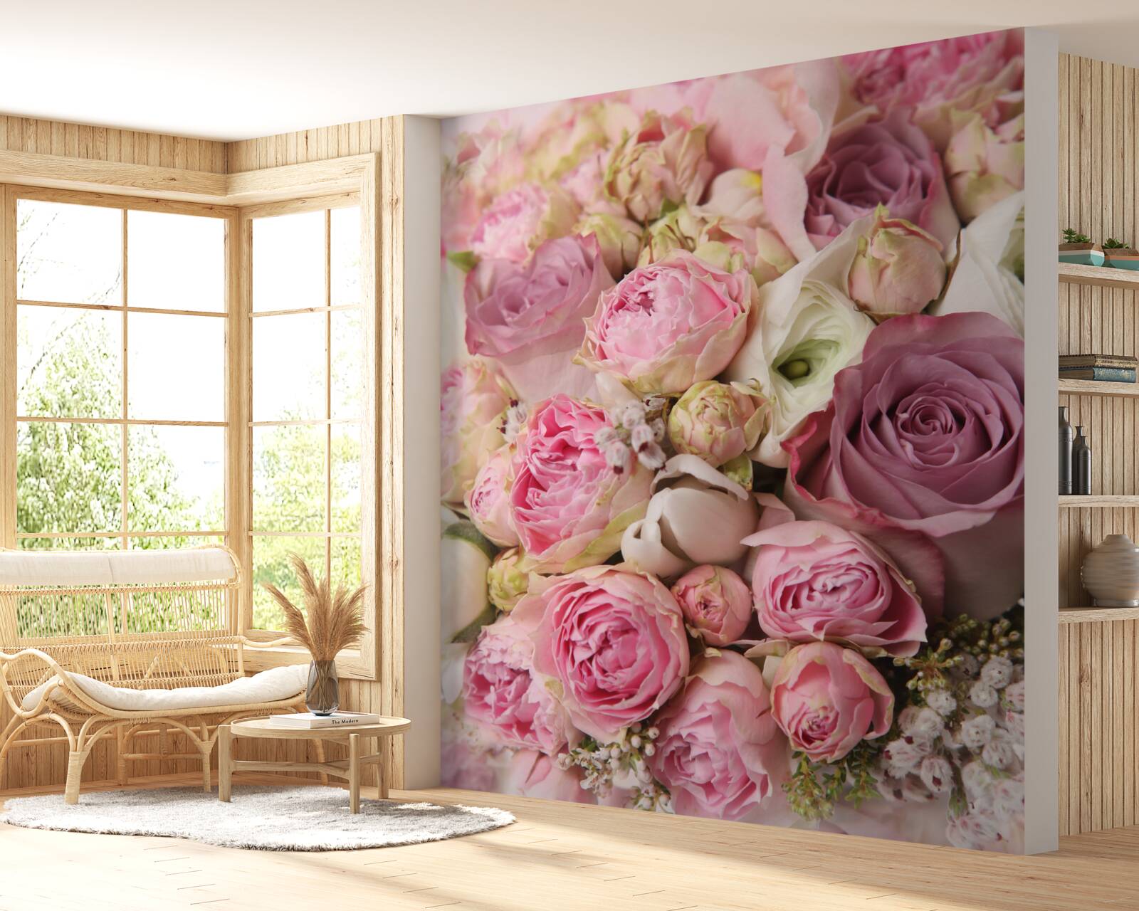 Papier peint composition de roses et de tulipes dans une forme inhabituelle