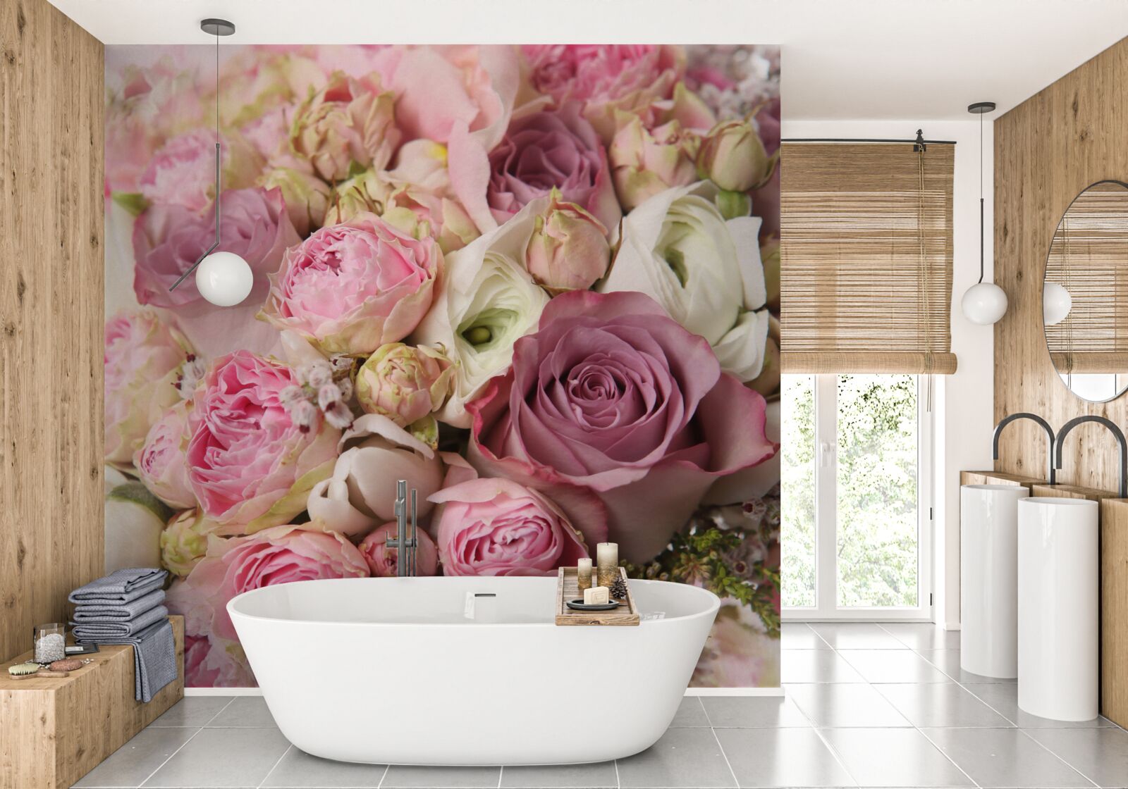 Papier peint composition de roses et de tulipes dans une forme inhabituelle