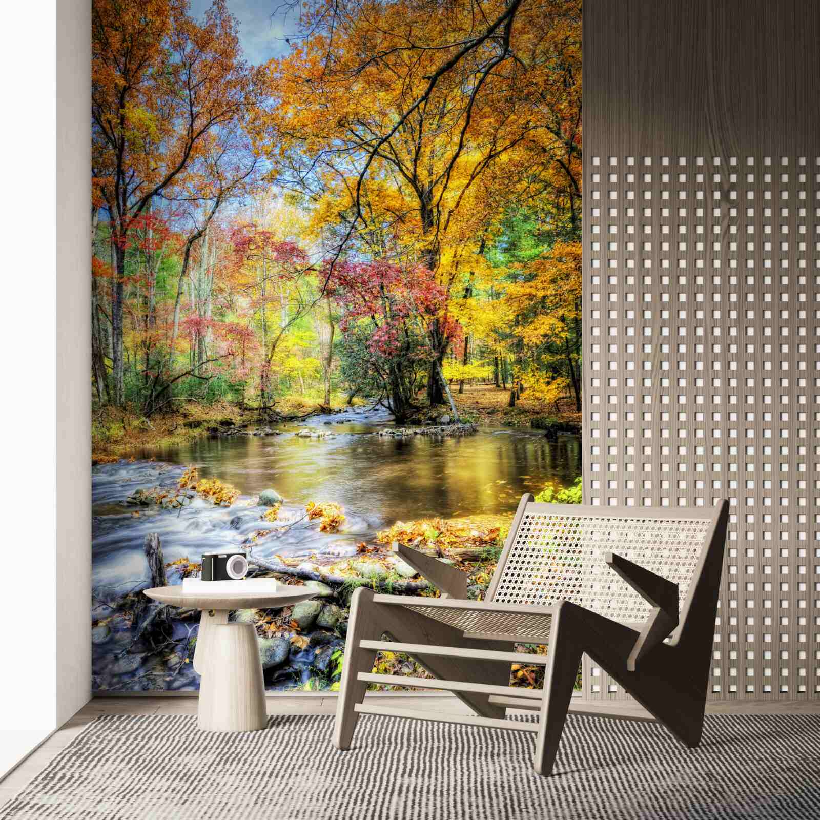 Papier peint forêt en automne et rivière en montagne