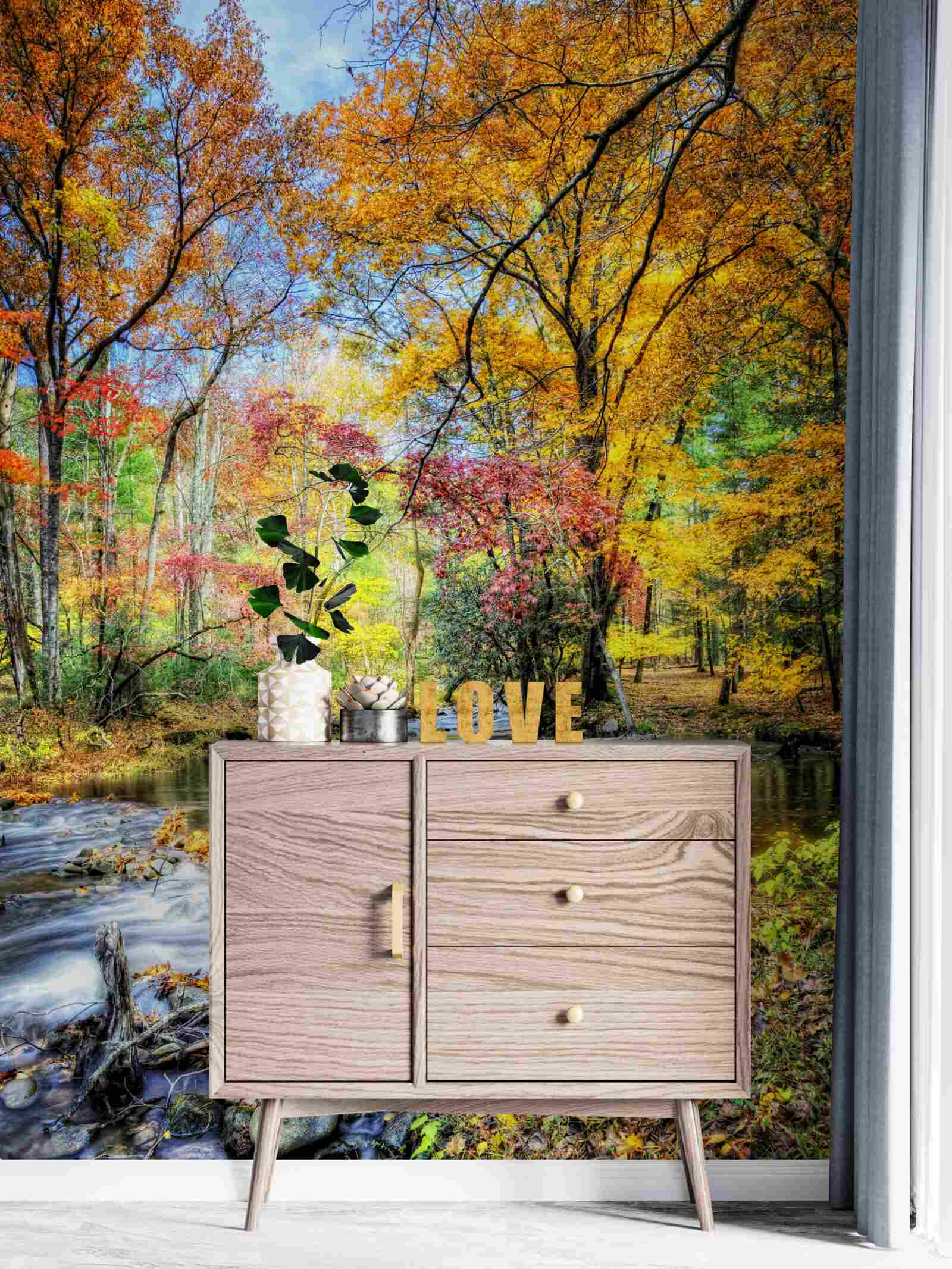 Papier peint forêt en automne et rivière en montagne