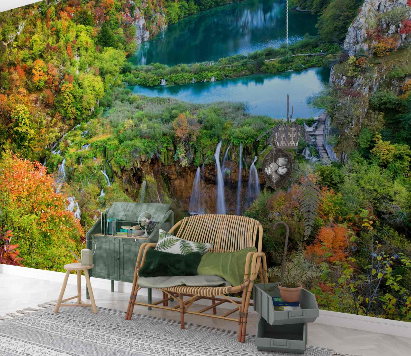 Papier peint forêt d'automne agrémentée d'une cascade