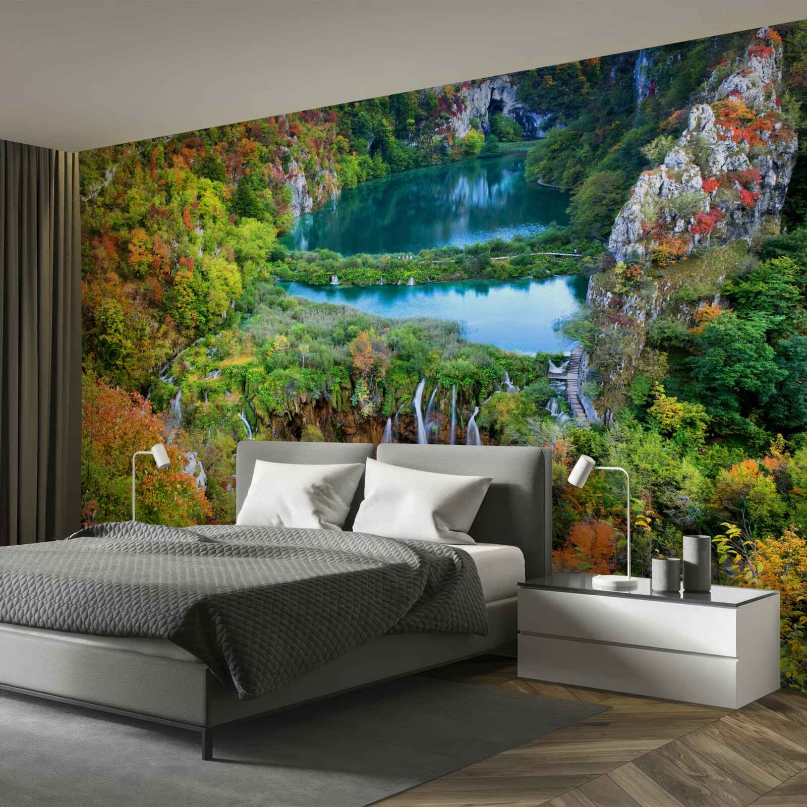 Papier peint forêt d'automne agrémentée d'une cascade