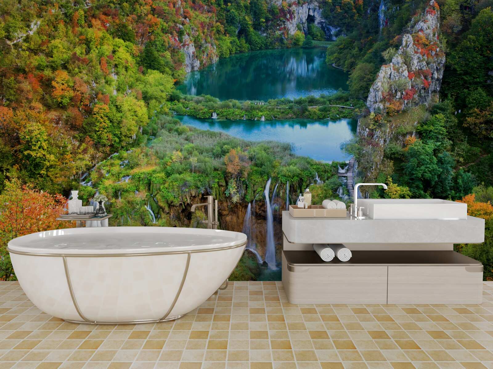 Papier peint forêt d'automne agrémentée d'une cascade