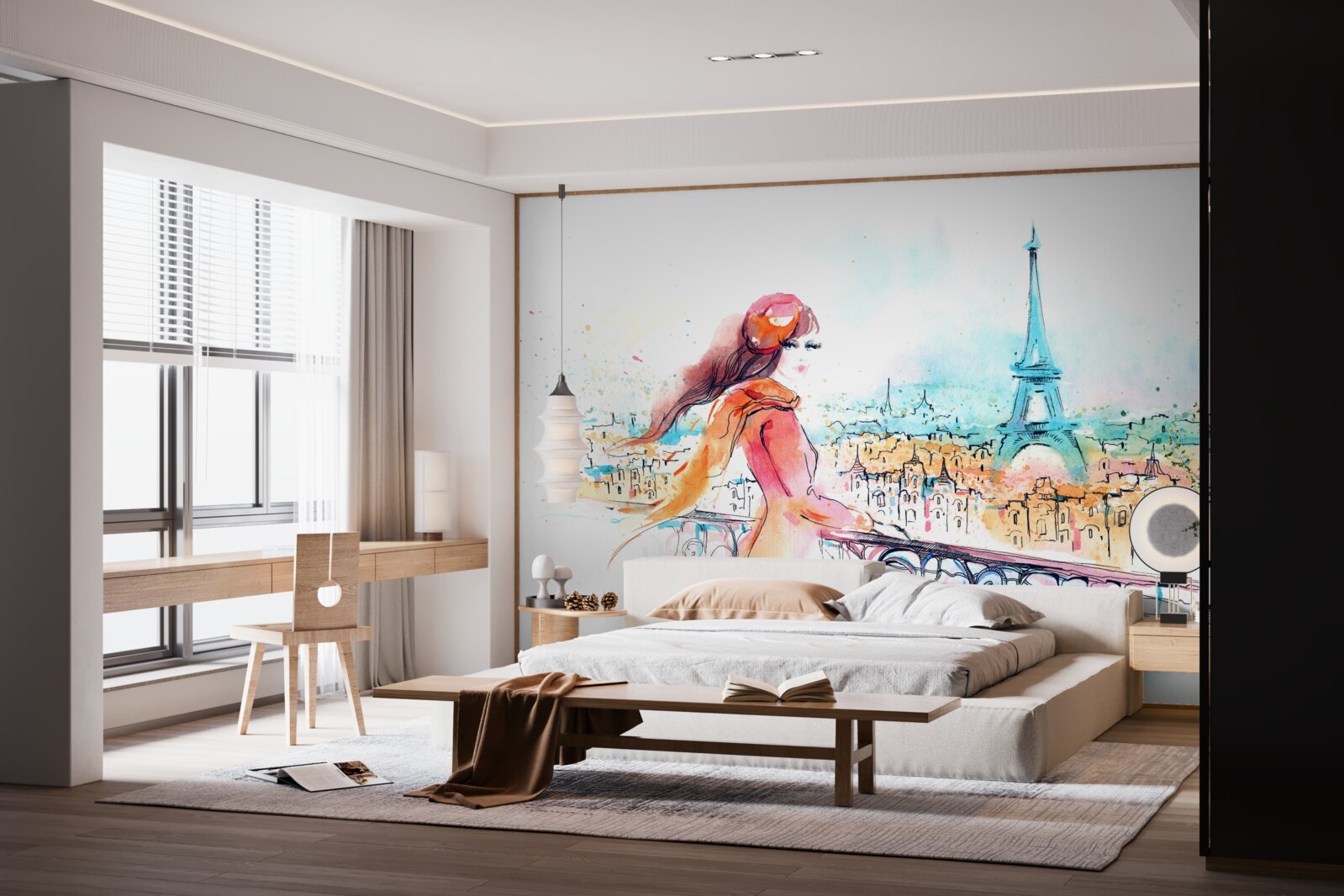 Papier peint Une fille se promène dans une aquarelle de Paris