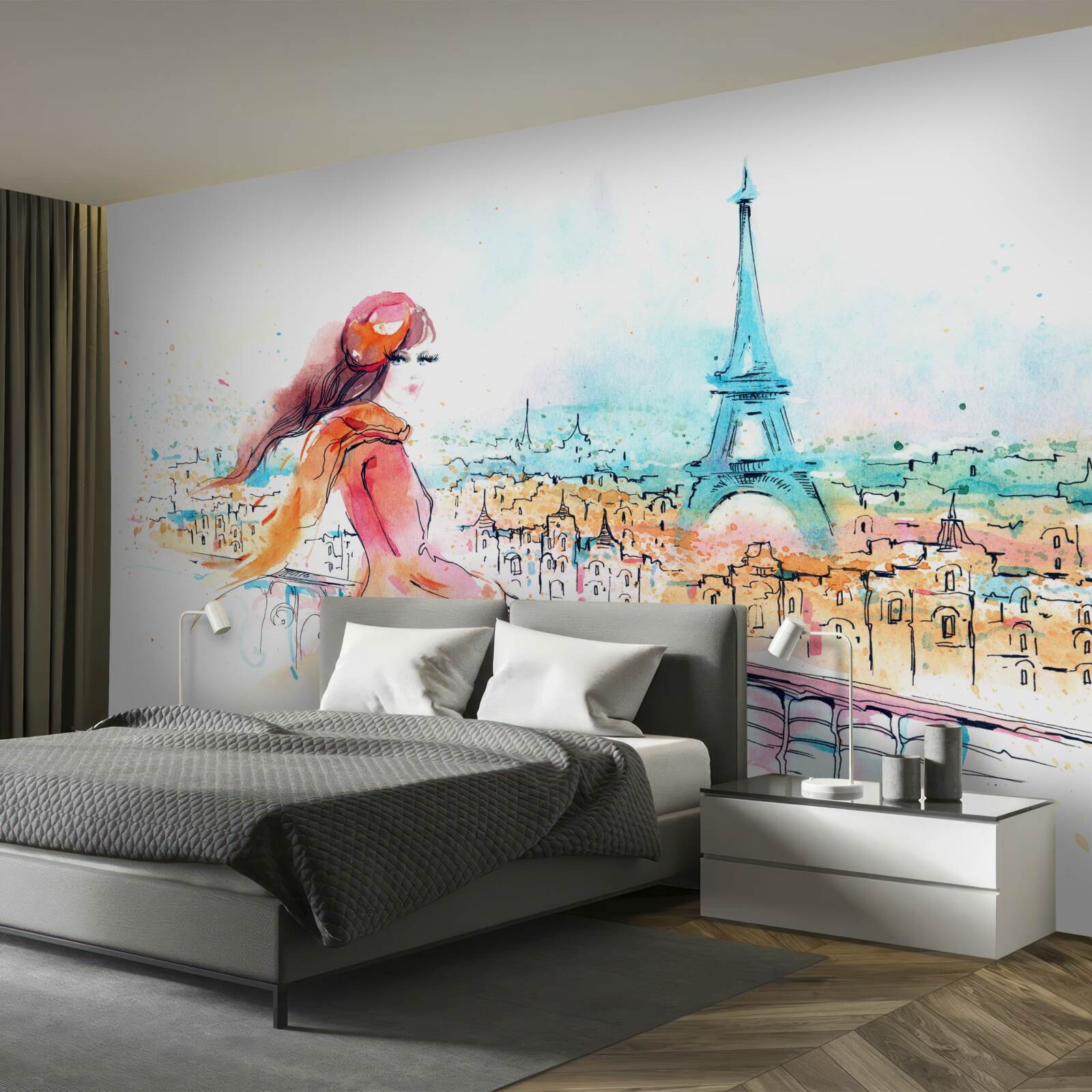 Papier peint Une fille se promène dans une aquarelle de Paris