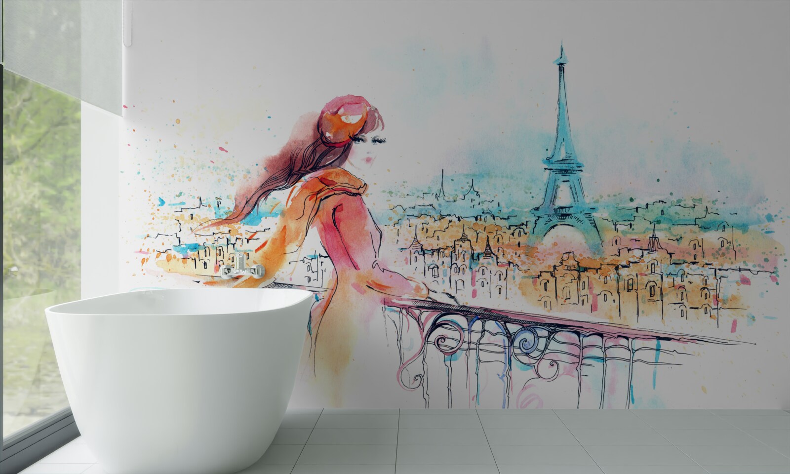 Papier peint Une fille se promène dans une aquarelle de Paris