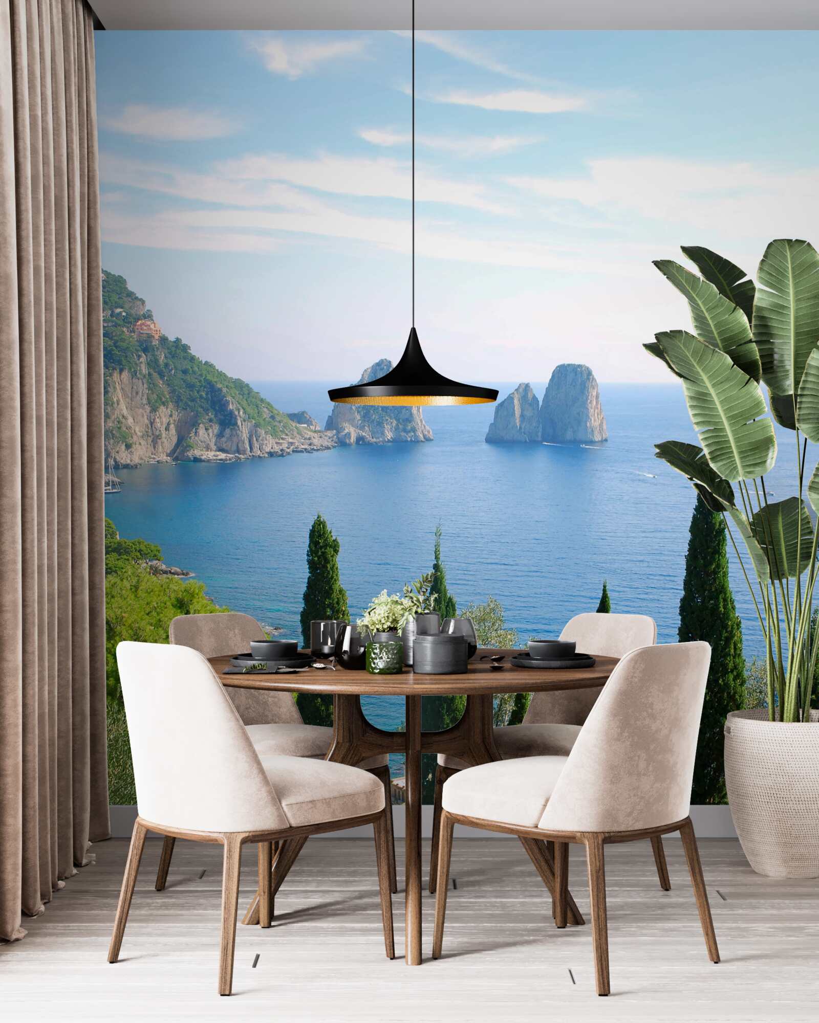 Papier peint rivage rocheux et grands cyprès